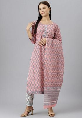 Pink Printed Cotton Kurta Set