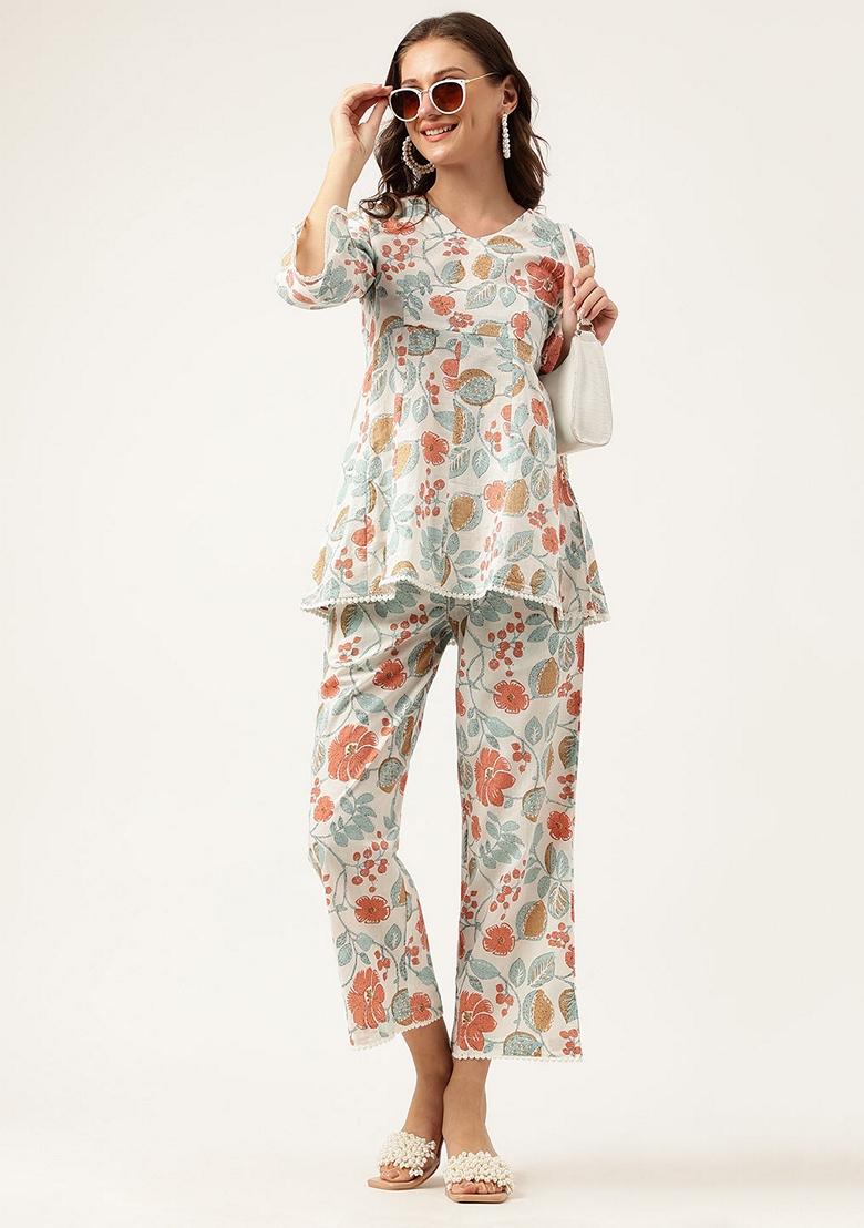 Blue Floral Print Cotton Co-Ords Set - Indya