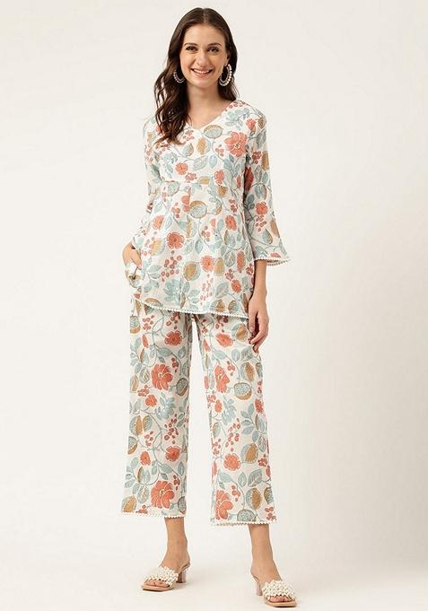 Blue Floral Print Cotton Co-Ords Set