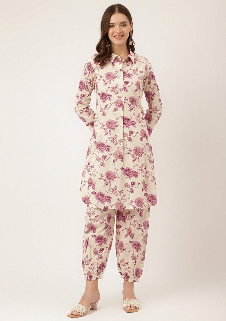 Purple Floral Print Cotton Co-Ords Set