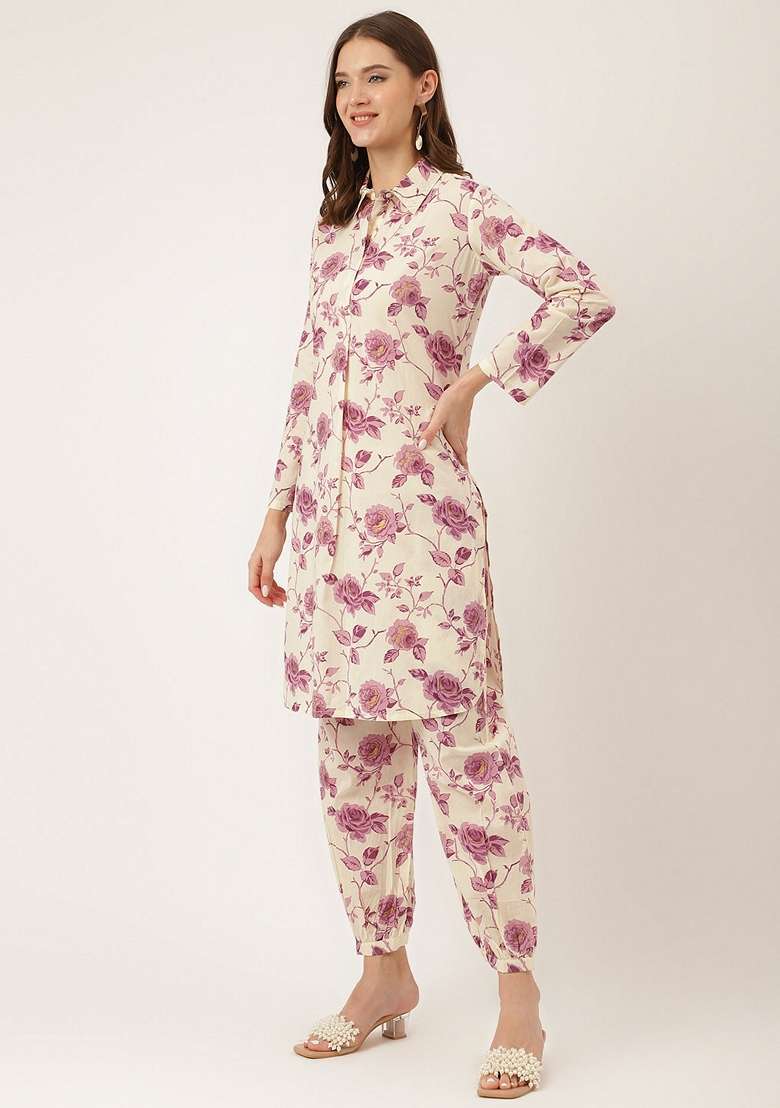 Purple Printed Cotton Co Ord Set for Diwali and Festive Wear - Indya