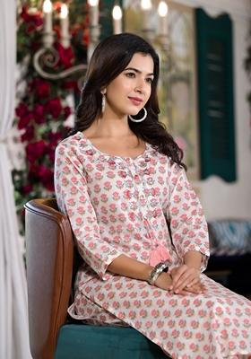 White Floral Print Cotton Kurta Set