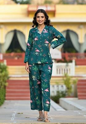 Green Floral Print Muslin Co-Ords Set