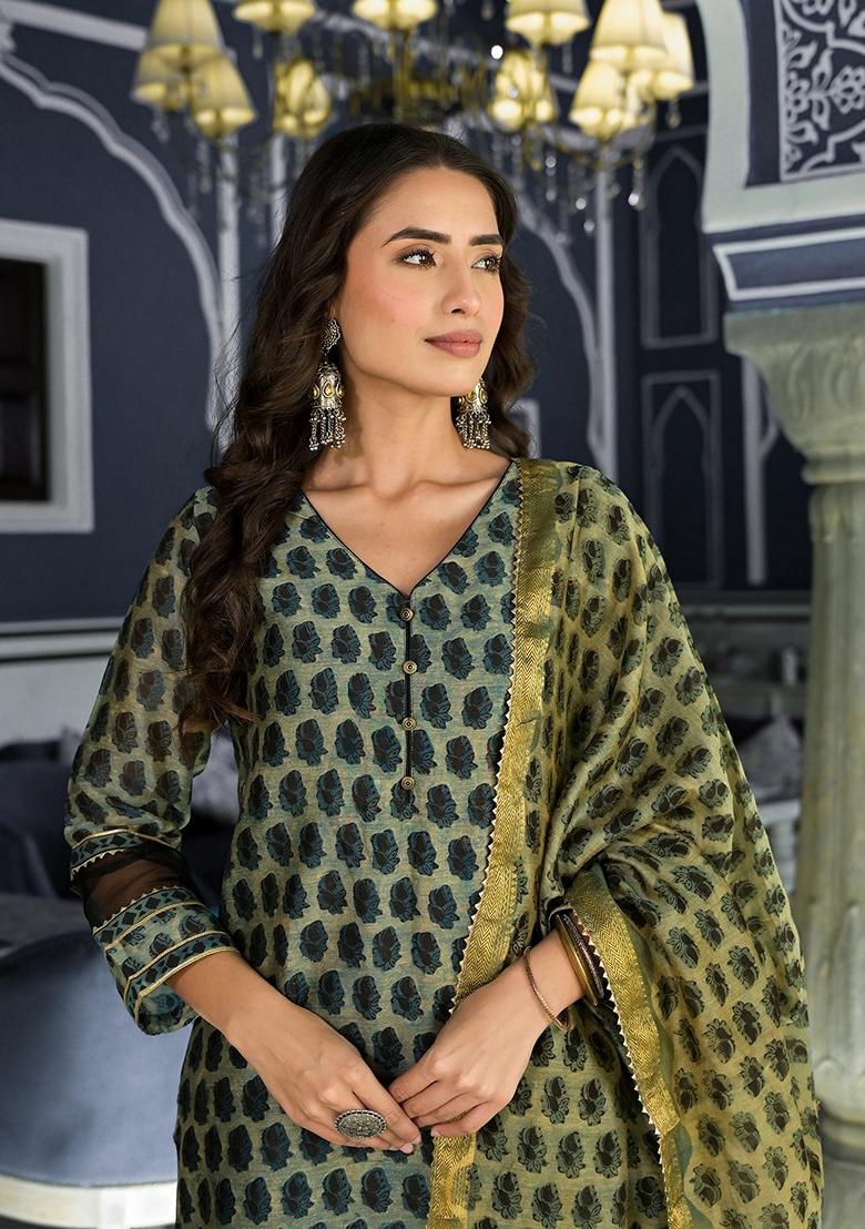 Green Printed Chanderi Silk Kurta Set