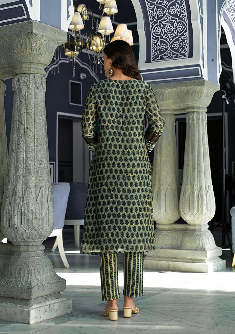 Green Printed Chanderi Silk Kurta Set