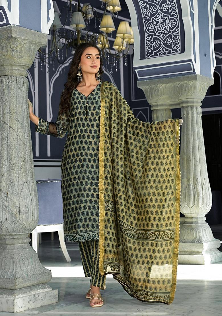Green Printed Chanderi Silk Kurta Set