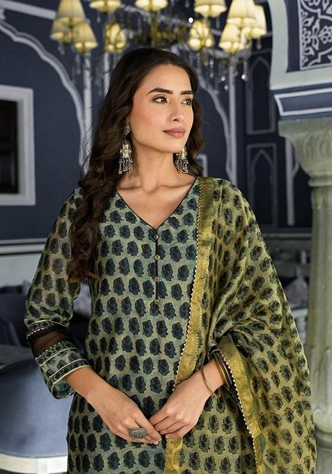Green Printed Chanderi Silk Kurta Set
