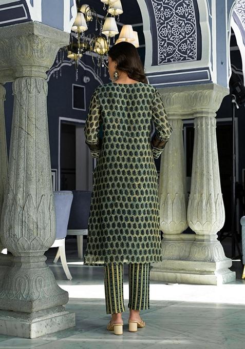 Green Printed Chanderi Silk Kurta Set