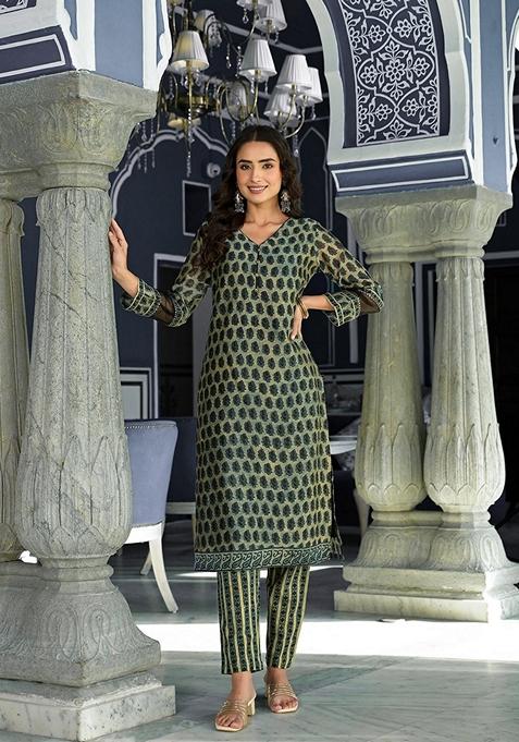 Green Printed Chanderi Silk Kurta Set