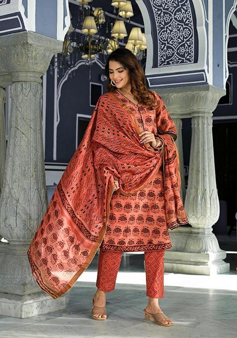 Maroon Printed Chanderi Silk Kurta Set