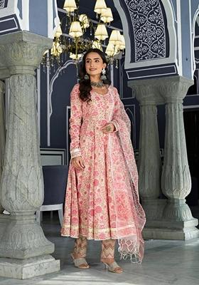 Pink Floral Print Cotton Anarkali Set