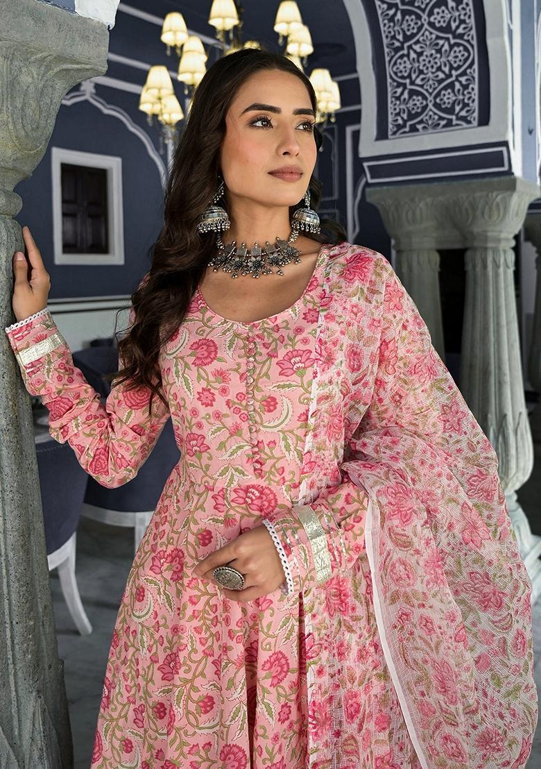 Pink Floral Print Cotton Anarkali Set