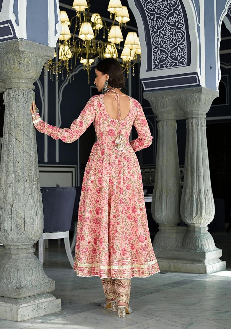 Pink Floral Print Cotton Anarkali Set