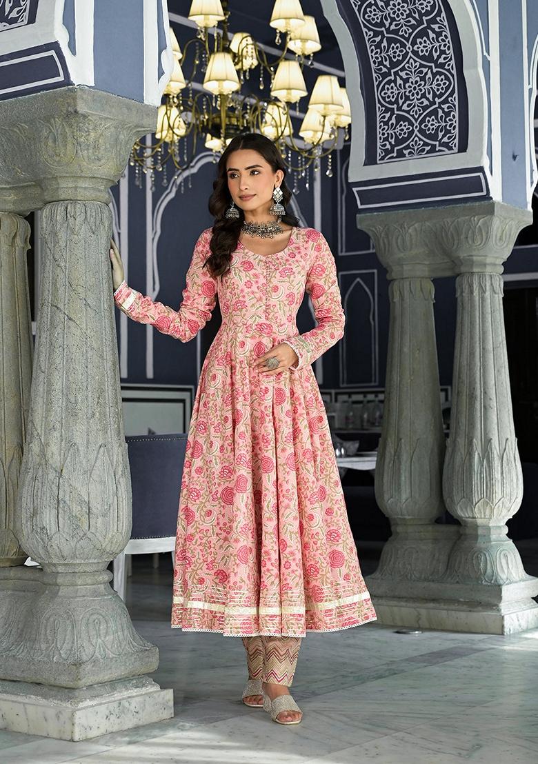 Pink Floral Print Cotton Anarkali Set