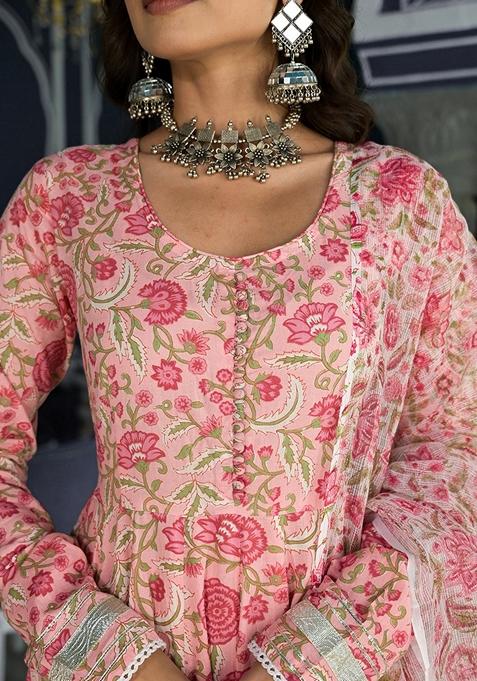 Pink Floral Print Cotton Anarkali Set