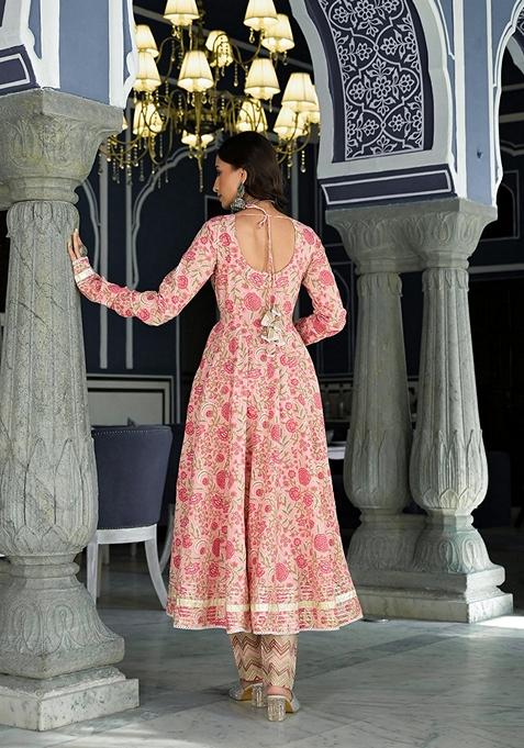 Pink Floral Print Cotton Anarkali Set