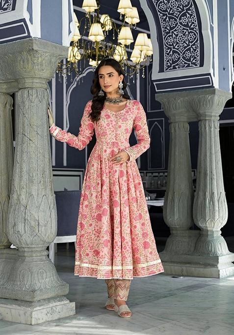 Pink Floral Print Cotton Anarkali Set