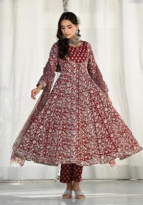 Maroon Floral Print Cotton Anarkali Set