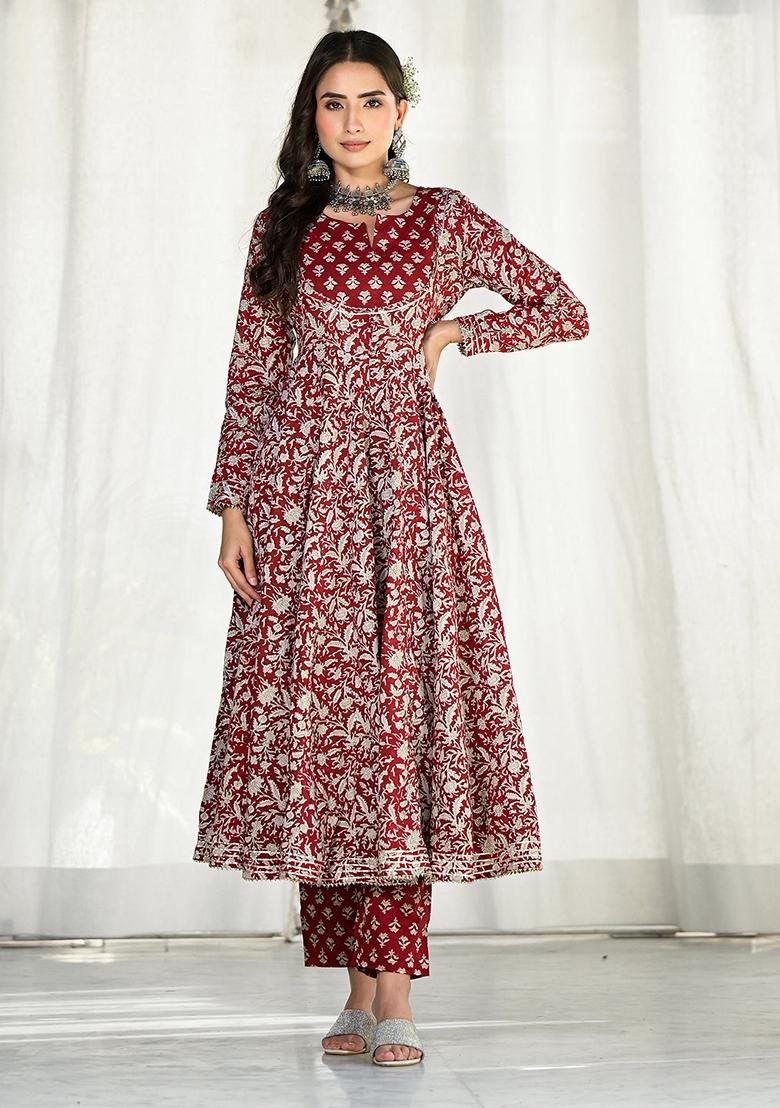 Maroon Floral Print Cotton Anarkali Set