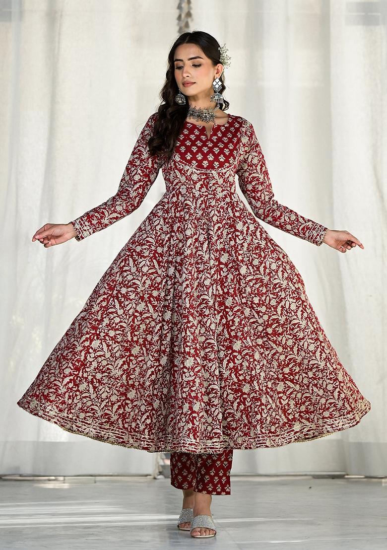 Maroon Floral Print Cotton Anarkali Set