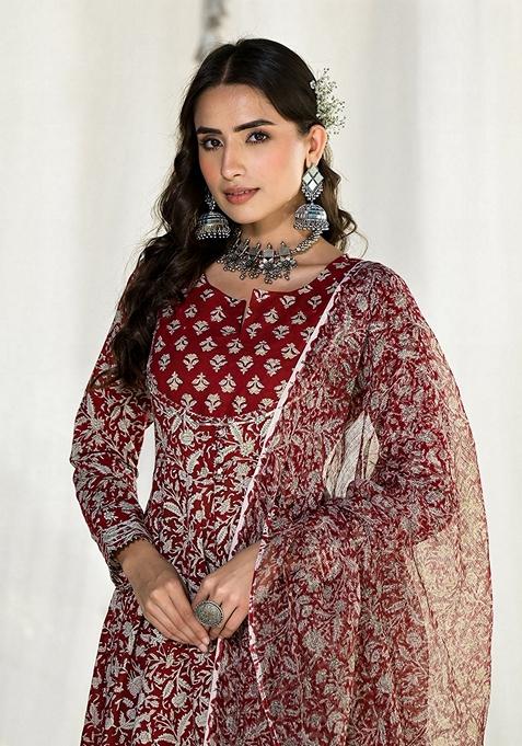 Maroon Floral Print Cotton Anarkali Set