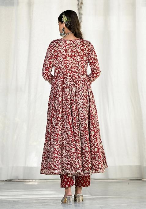 Maroon Floral Print Cotton Anarkali Set