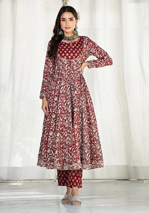 Maroon Floral Print Cotton Anarkali Set
