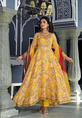 Yellow Floral Print Muslin Anarkali Set