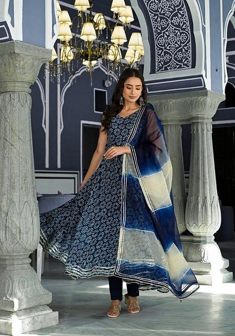 Blue Printed Muslin Anarkali Set