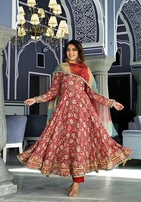 Red Floral Print Muslin Anarkali Set