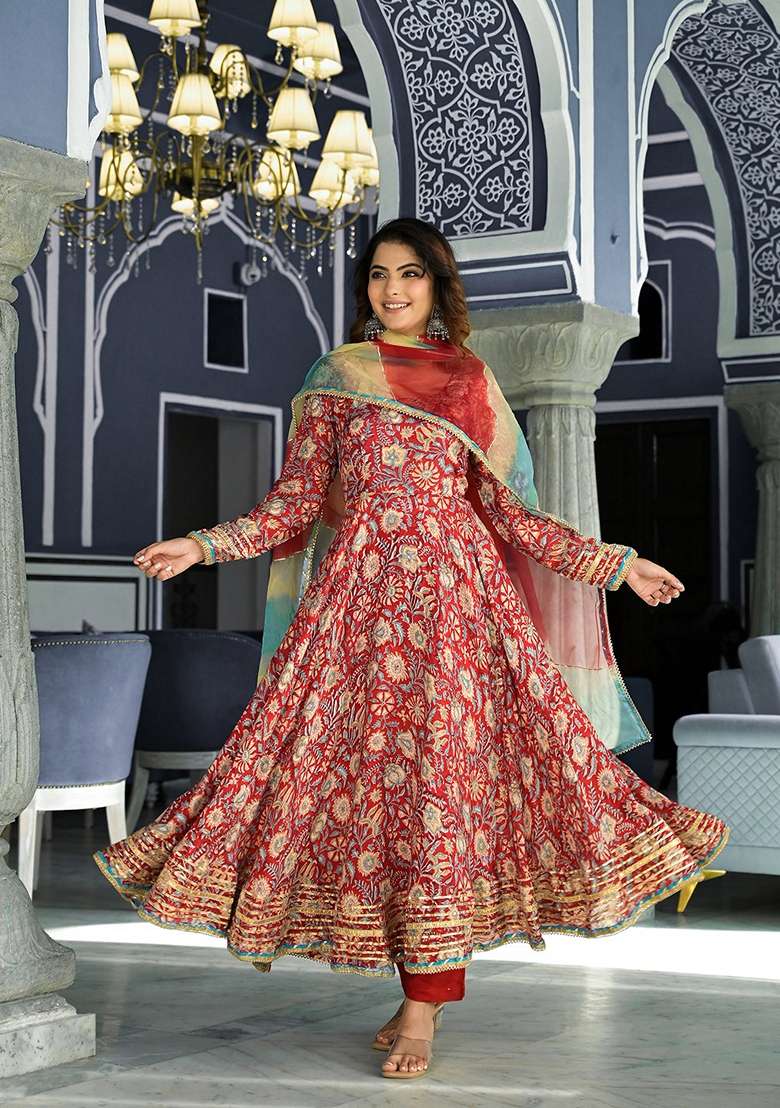 Red Printed Muslin Anarkali With Dupatta - Indya