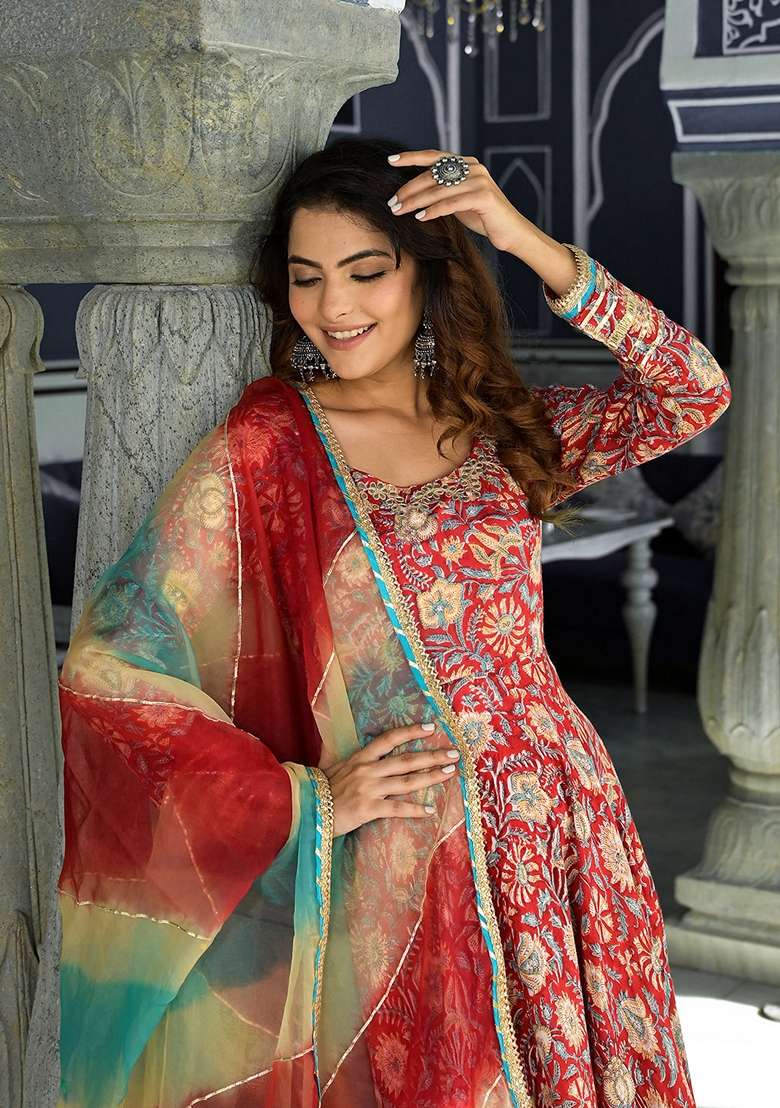 Red Printed Muslin Anarkali With Dupatta - Indya