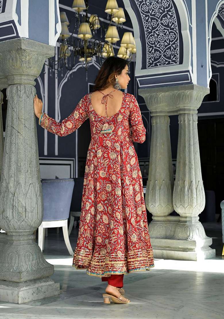 Red Printed Muslin Anarkali With Dupatta - Indya