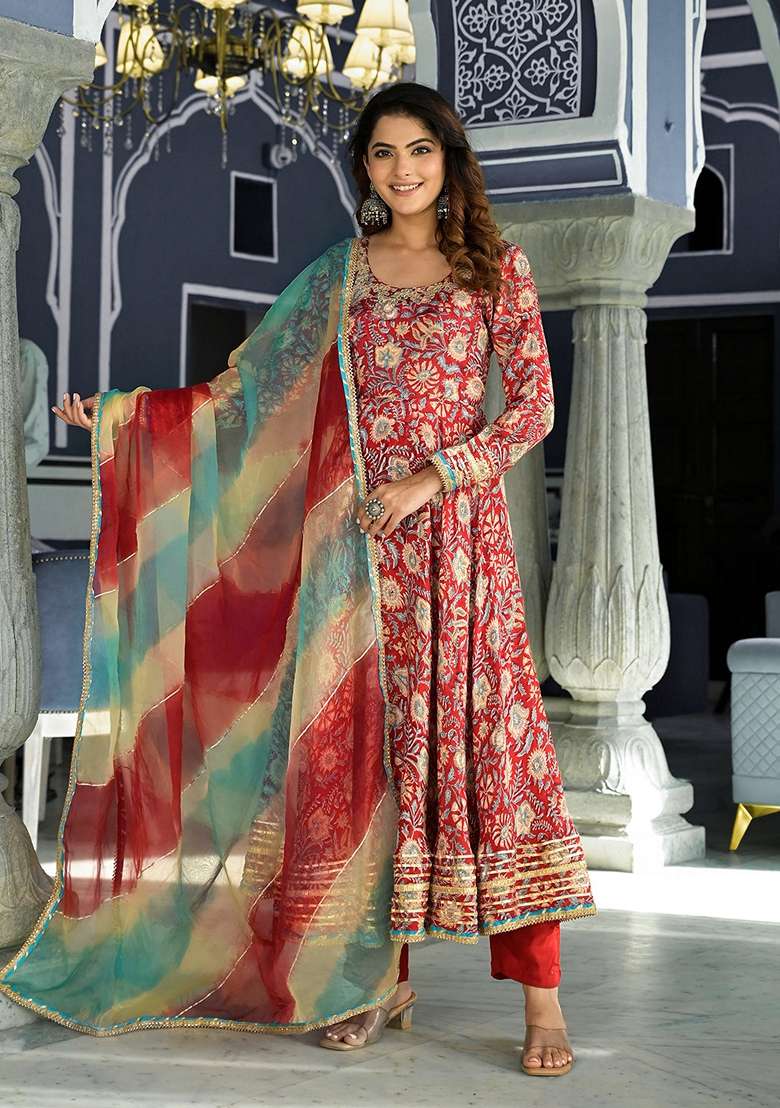 Red Printed Muslin Anarkali With Dupatta - Indya