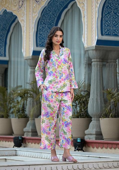 Multicolor Floral Print Muslin Co-Ords Set