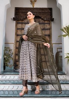 Brown Printed Muslin Anarkali Set