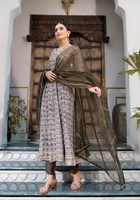 Brown Printed Muslin Anarkali Set