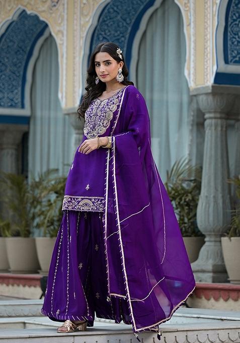 Purple Printed Silk Sharara Set