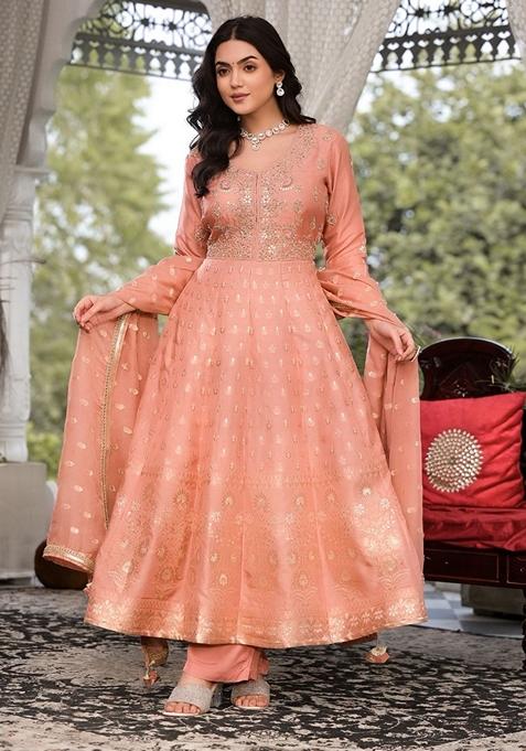 Peach Embroidered Silk Kurta Set