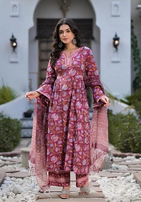 Magenta Floral Print Cotton Kurta Set