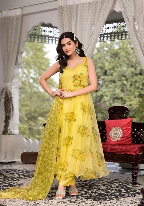 Yellow Floral Print Organza Anarkali Set