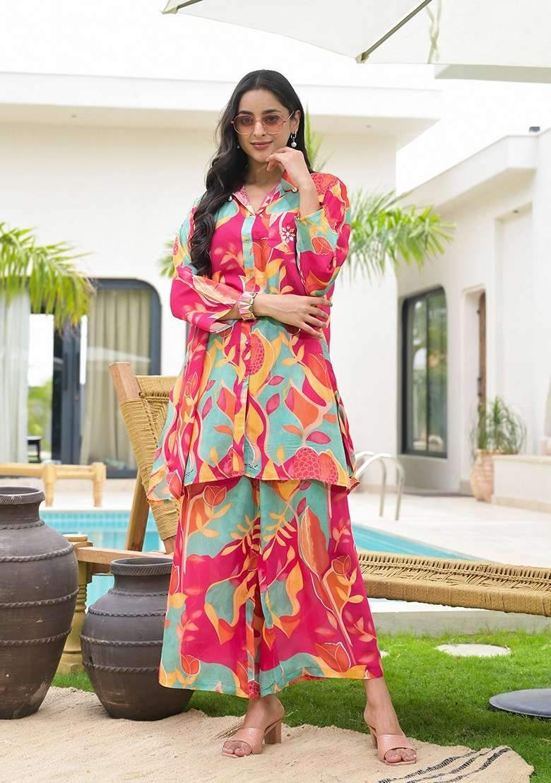 Pink Printed Muslin Co Ord Set - Indya