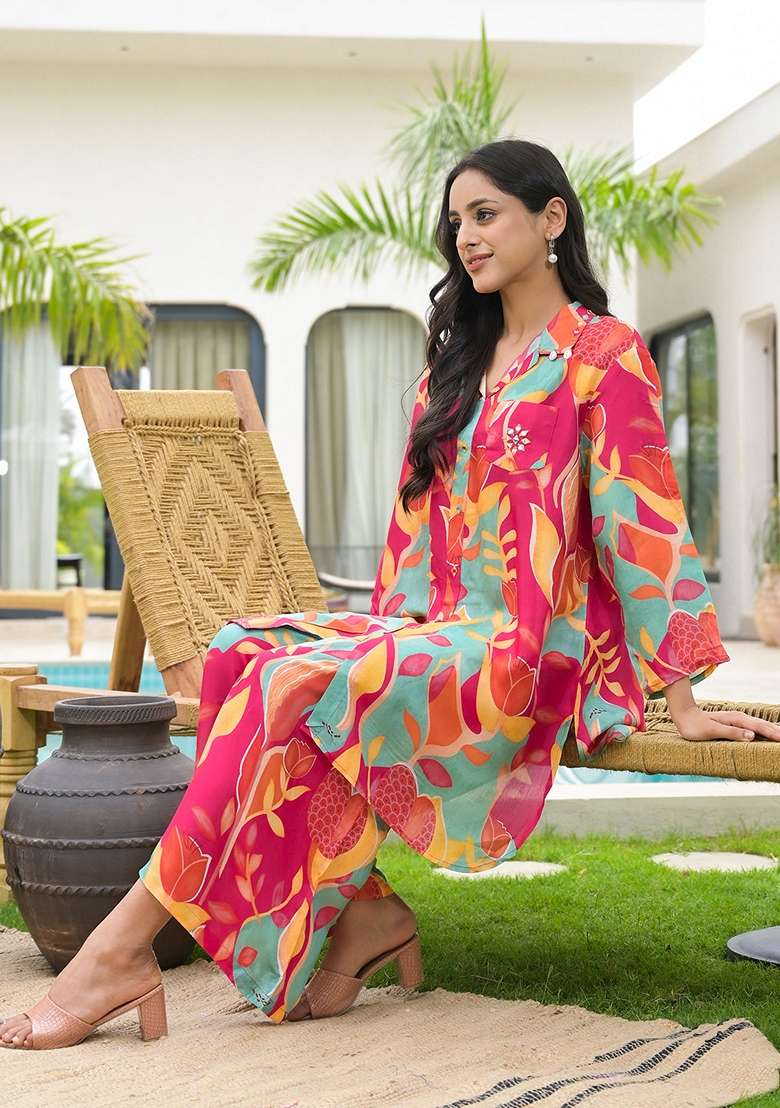 Pink Printed Muslin Co Ord Set - Indya