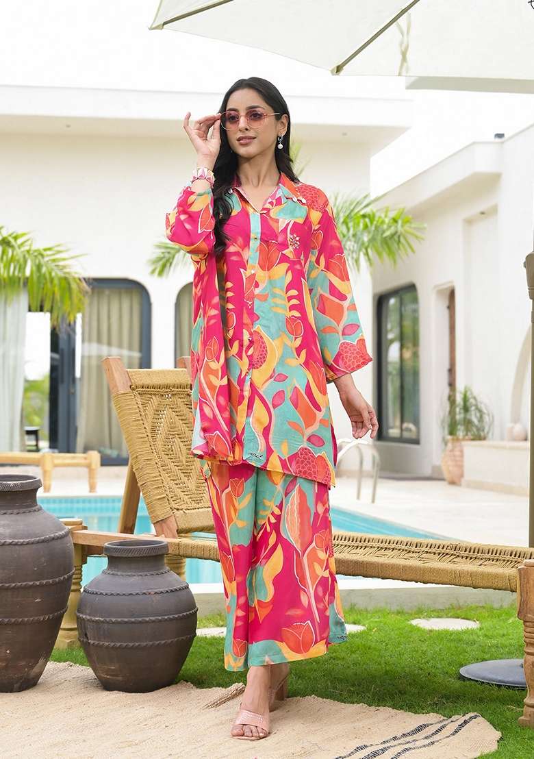 Pink Printed Muslin Co Ord Set - Indya