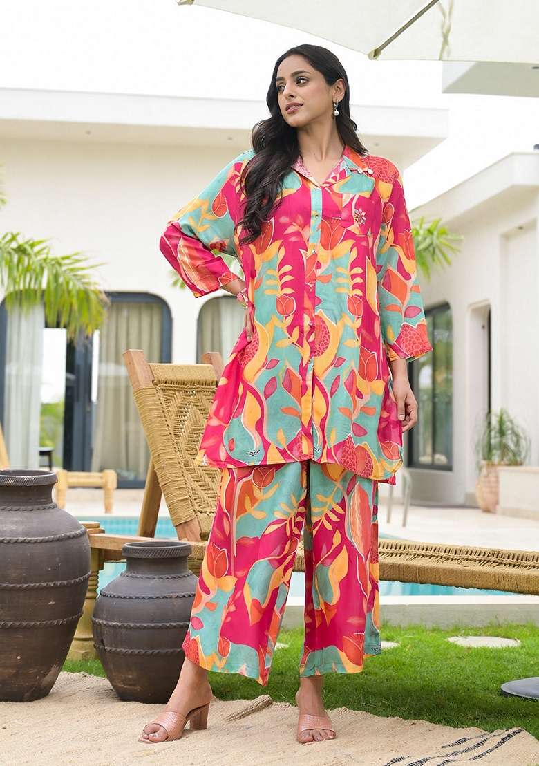 Pink Printed Muslin Co Ord Set - Indya