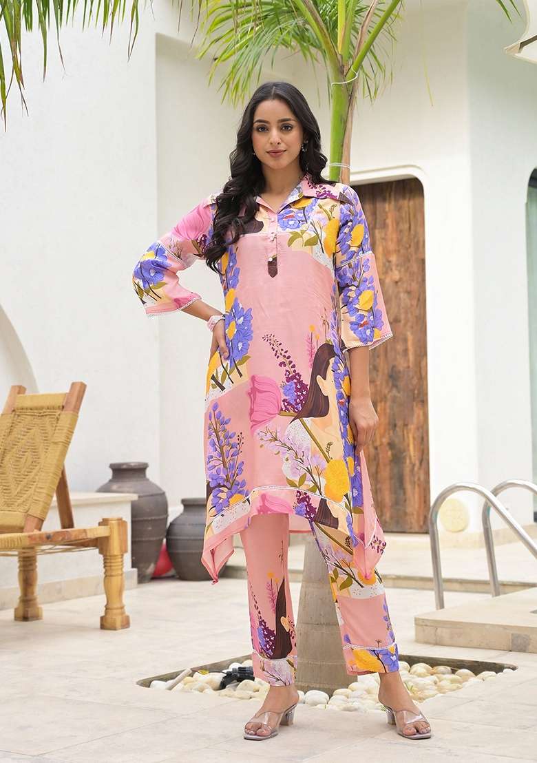 Pink Printed Muslin Co Ord Set for Diwali | Wedding & Festive Wear - Indya