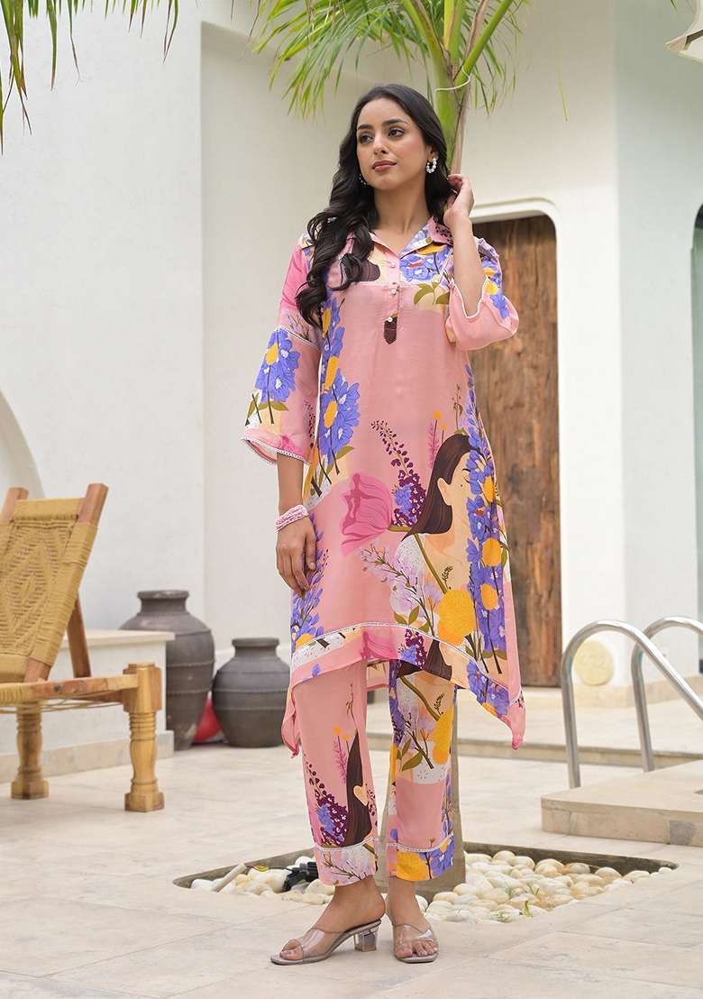 Pink Printed Muslin Co Ord Set for Diwali | Wedding & Festive Wear - Indya