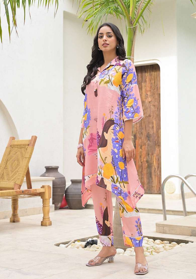 Pink Printed Muslin Co Ord Set for Diwali | Wedding & Festive Wear - Indya