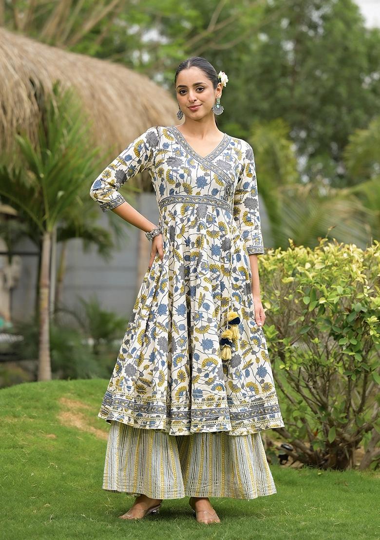 White Floral Print Cotton Sharara Set