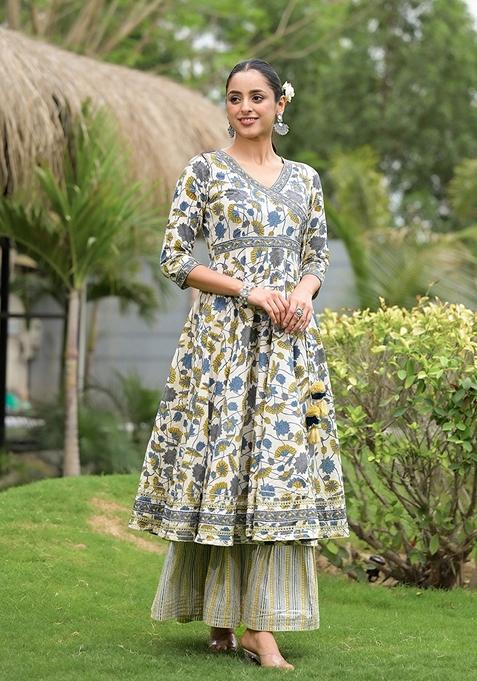 White Floral Print Cotton Sharara Set